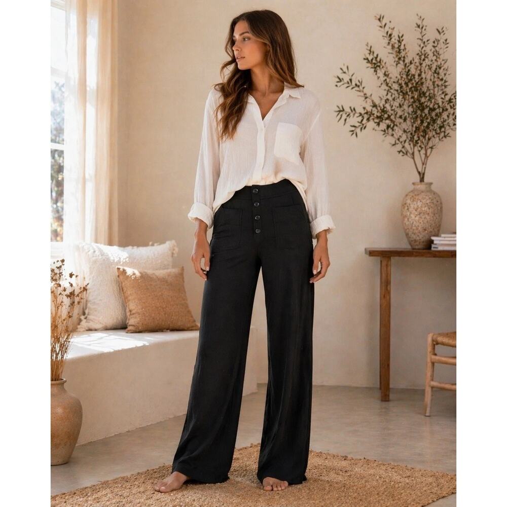 Halara Black High Waisted Wide Leg Button Fly Pocket Pants Womens L 31"x32"